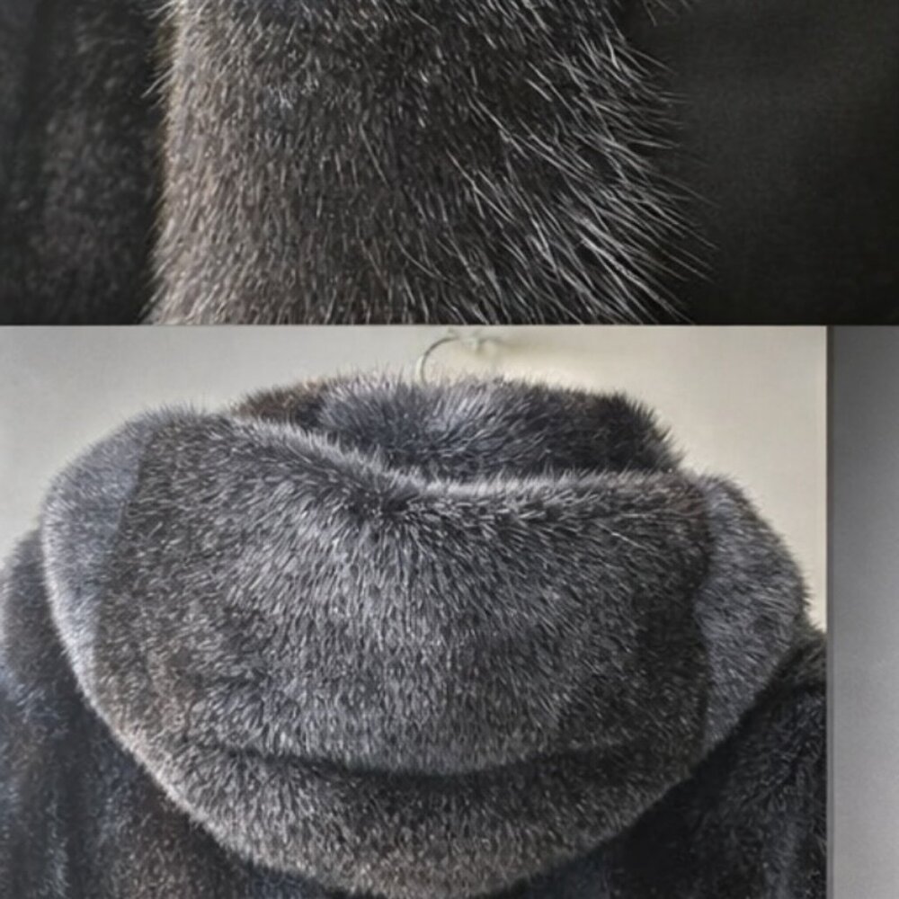 NEW Genuine Hooded Mink Fur Coat – Dark Blue-Black Luxury Elegance - Picture 8 of 10